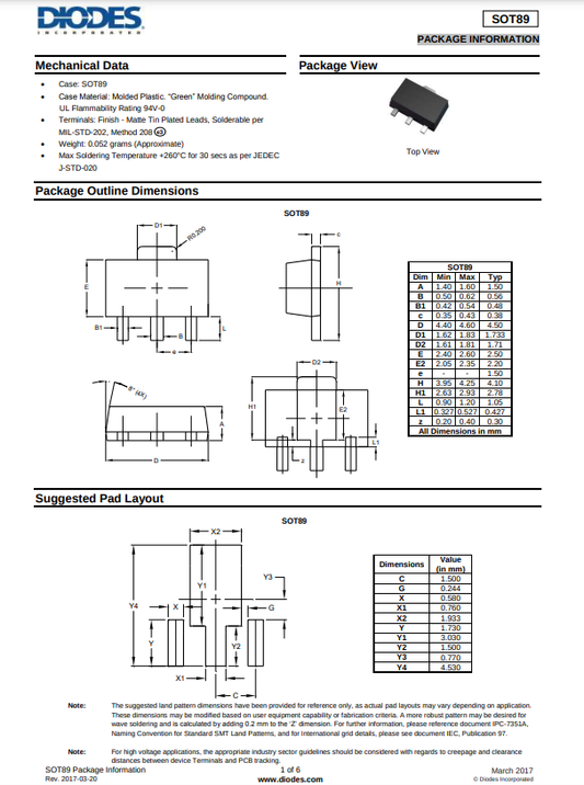 Technical datasheet diagram showing package dimensions and pad layout for 2SC2873 transistor from The Component Centre