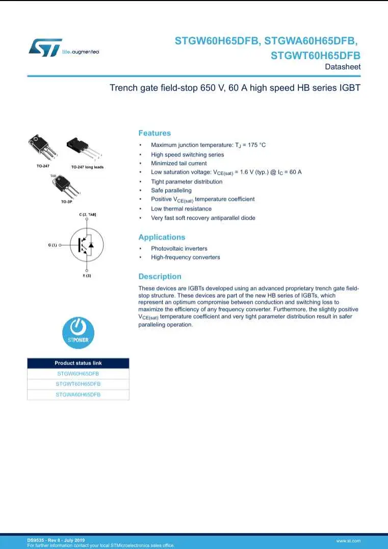 Datasheet cover for trench gate field-stop IGBT model 60h65DFB by The Component Centre