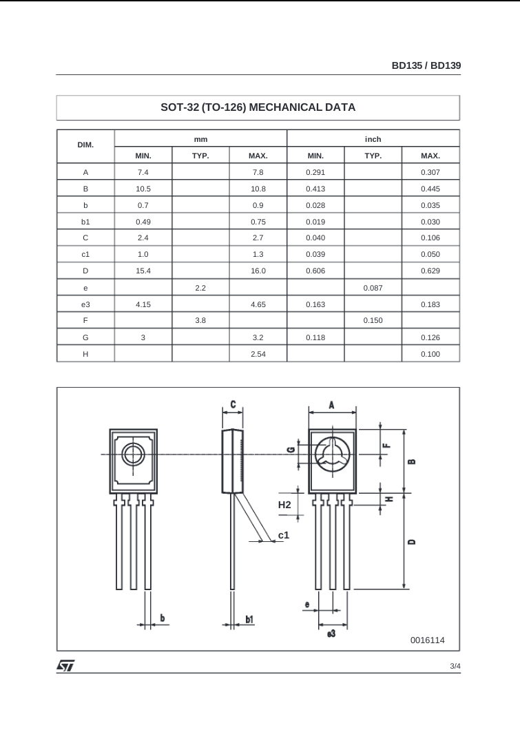 BD139 transistor mechanical data sheet with dimensions and SOT-32 TO-126 package diagram