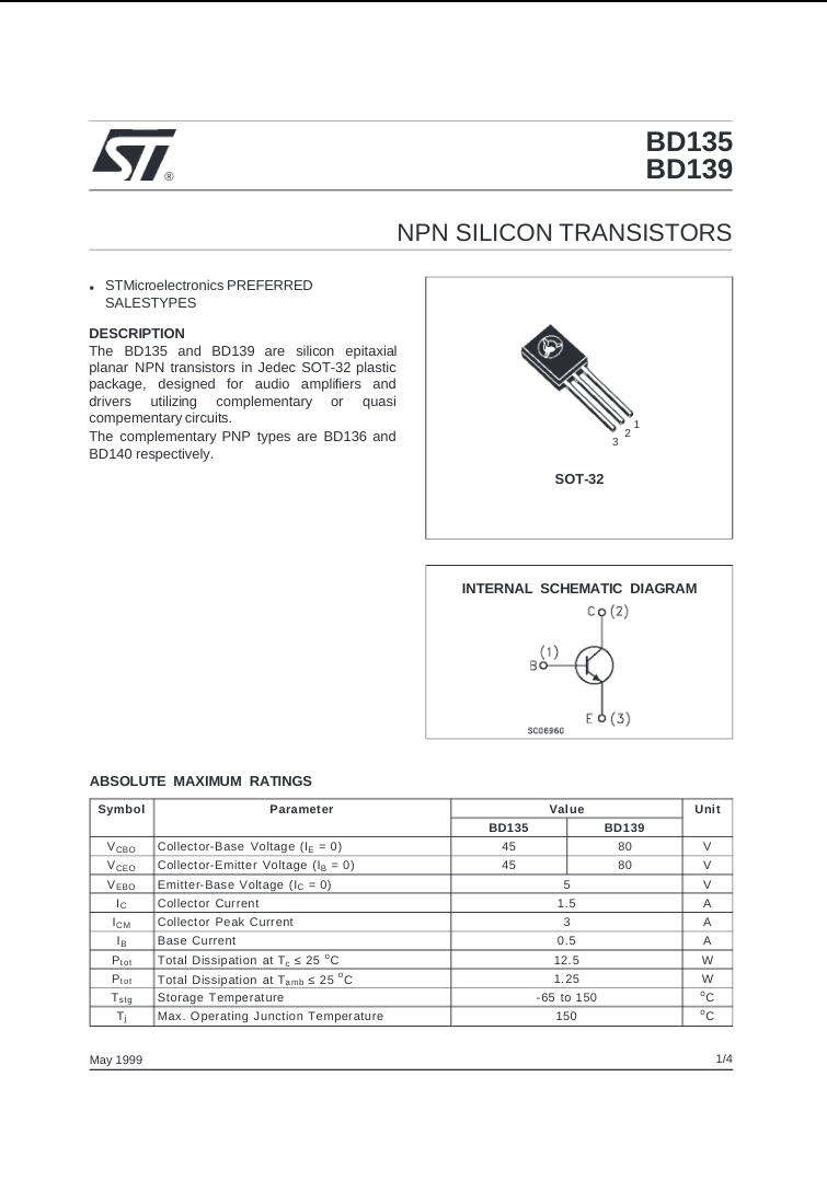 BD139 NPN silicon transistor in SOT-32 package with schematic and specifications sheet from The Component Centre
