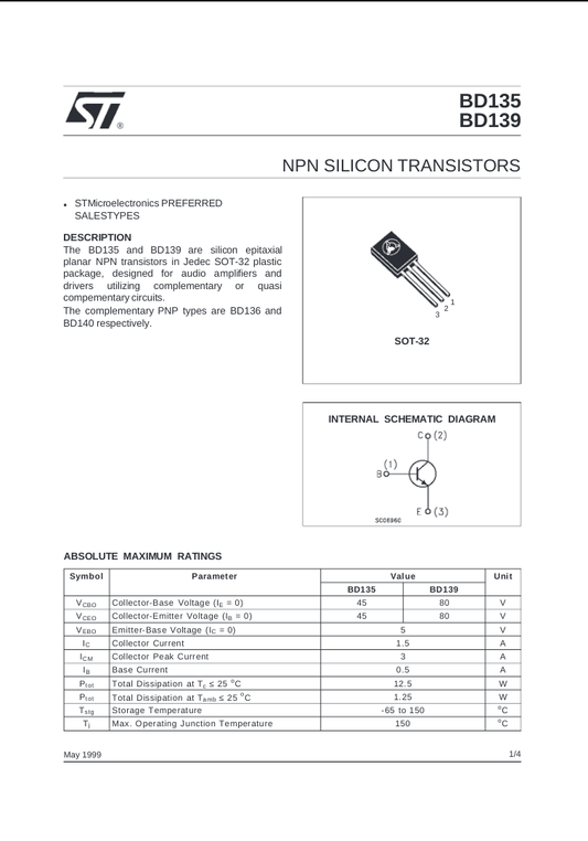 BD139 NPN silicon transistor in SOT-32 package with schematic and specifications sheet from The Component Centre