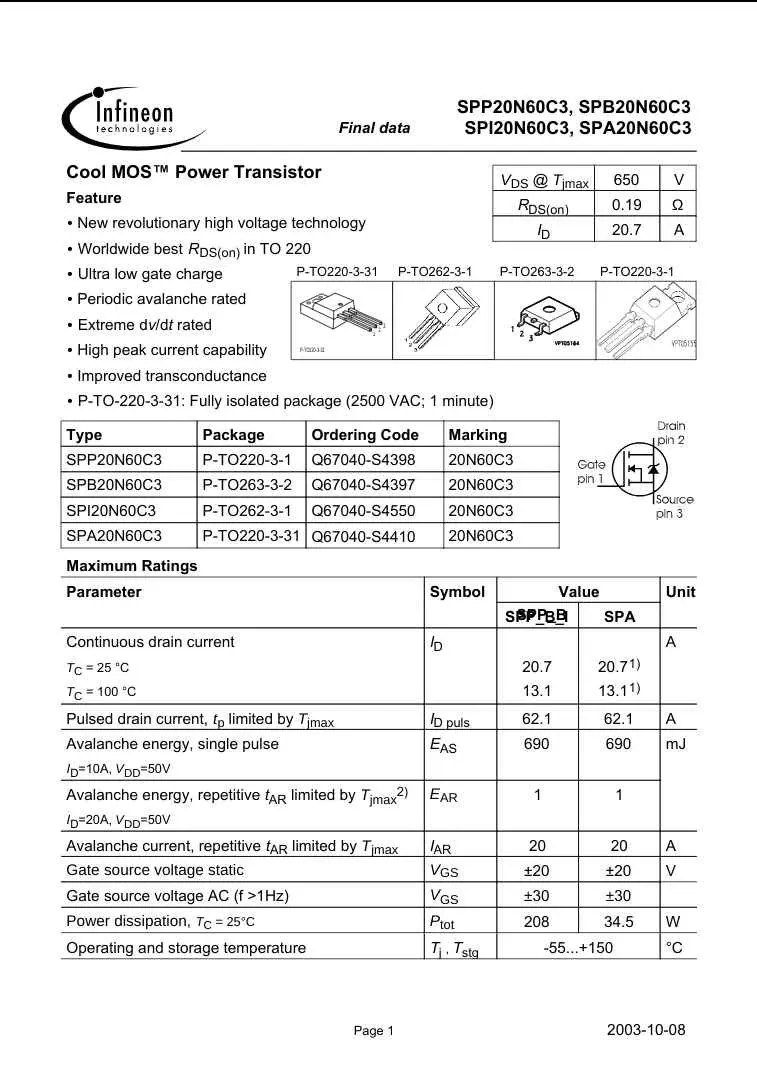 Infineon 20N60C3 Cool MOS Power Transistor datasheet page showing specs and features