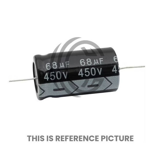 Black electrolytic capacitor showing 68uF 25V specification for electronic circuits