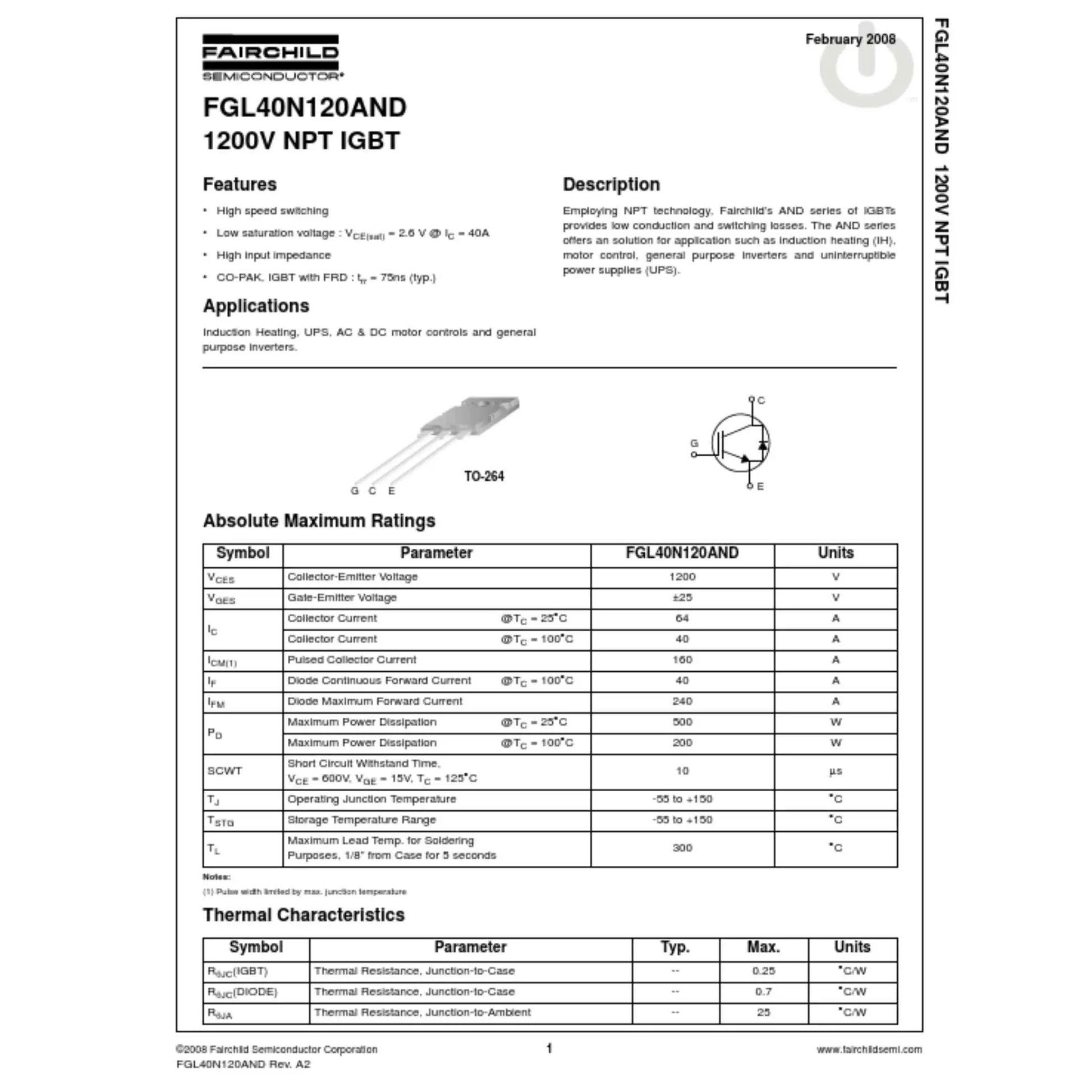 Technical datasheet for FGL40N120AND 1200V NPT IGBT transistor with specifications and ratings