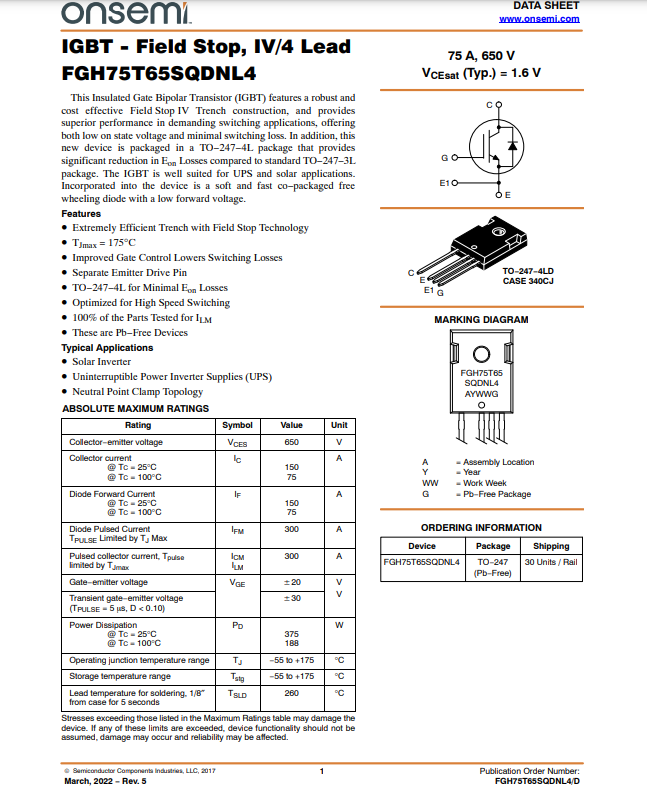 FGH75T65 insulated gate bipolar transistor IGBT component with TO-247 4-lead package from The Component Centre