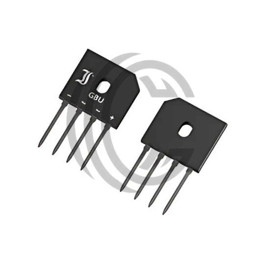 Two black GBU4M bridge rectifiers with four metal pins each from The Component Centre