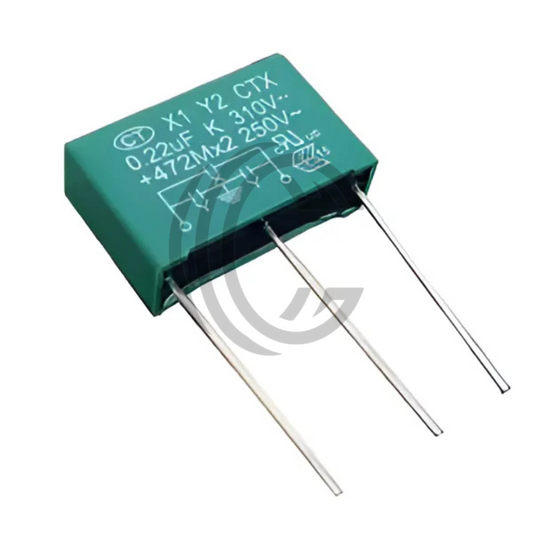 0.22uF 250V green film capacitor with three metal leads by The Component Centre
