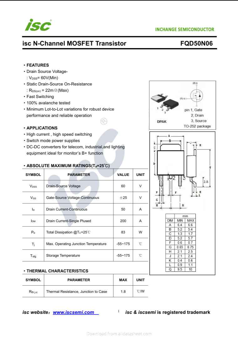 FQD50N06 isc N-Channel MOSFET Transistor datasheet with specifications and application details
