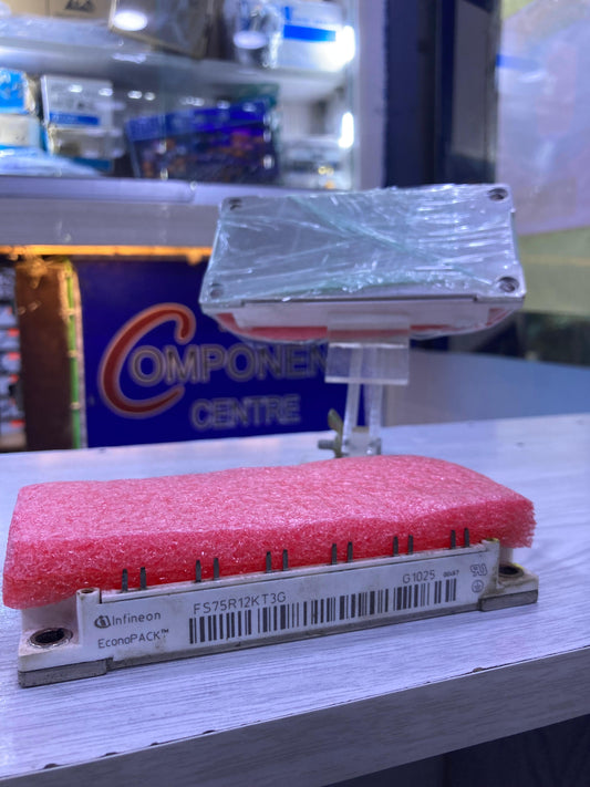 Infineon FS75R12KT3G power module in EconoPACK with labeled pins and protective foam cover
