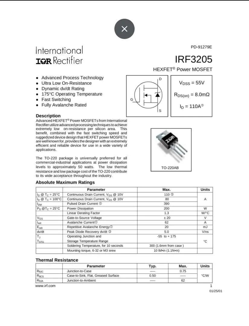 IRF3205 HEXFET power MOSFET datasheet with electrical specifications and thermal resistance details