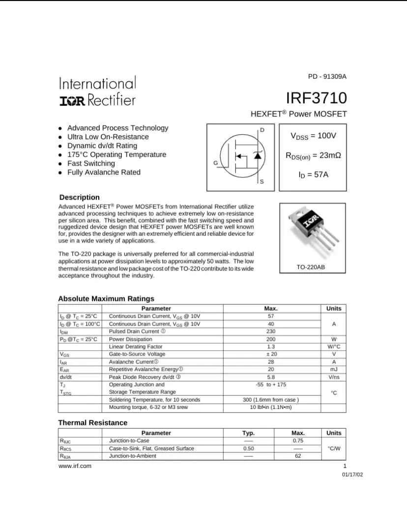 IRF3710 power MOSFET datasheet showing specifications and electrical characteristics