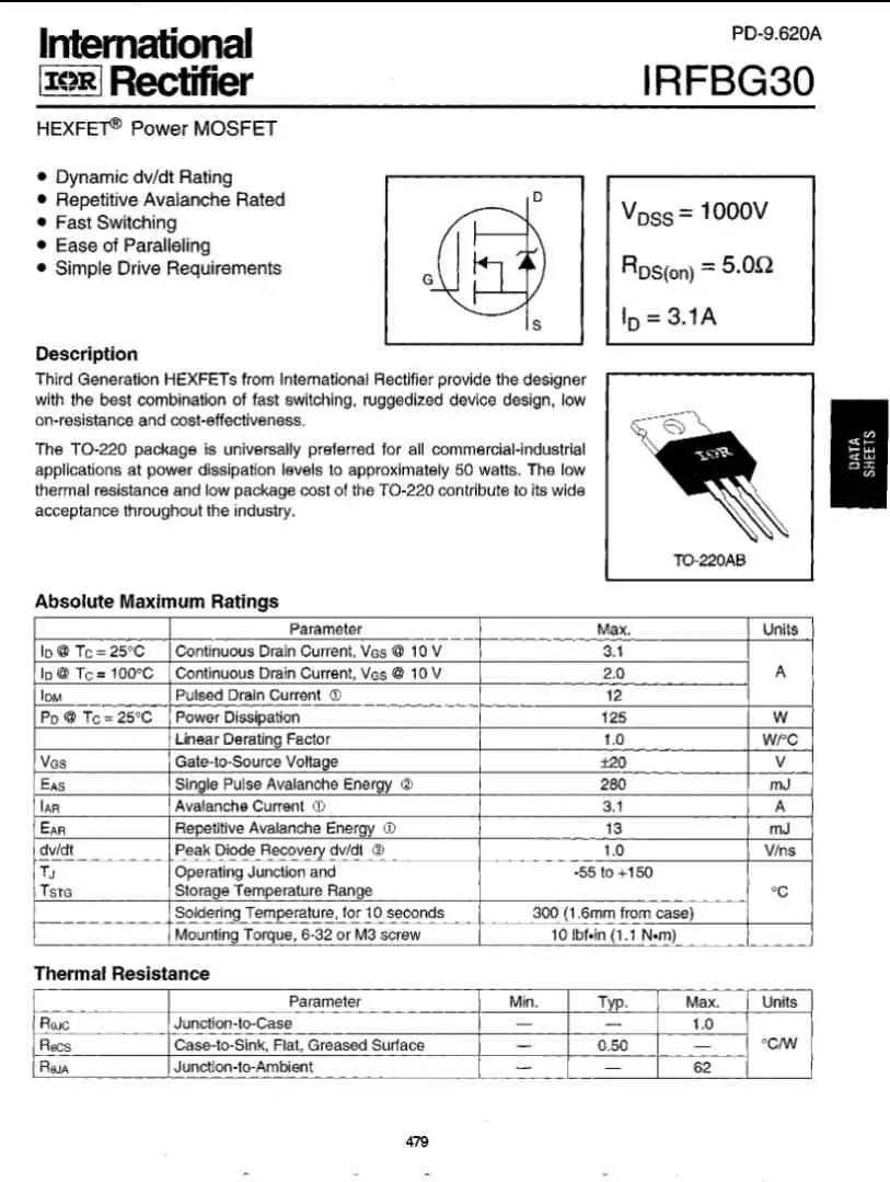 IRFBG30 HEXFET power MOSFET datasheet page with specifications and package diagram