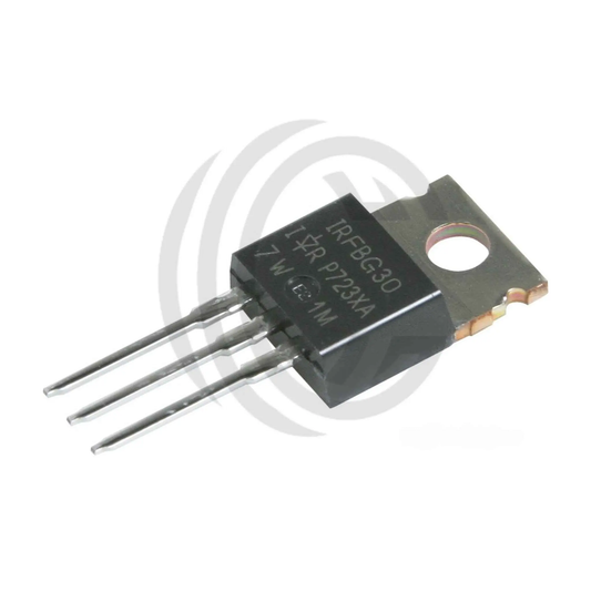 IRFBG30 power transistor with three metal legs and mounting hole