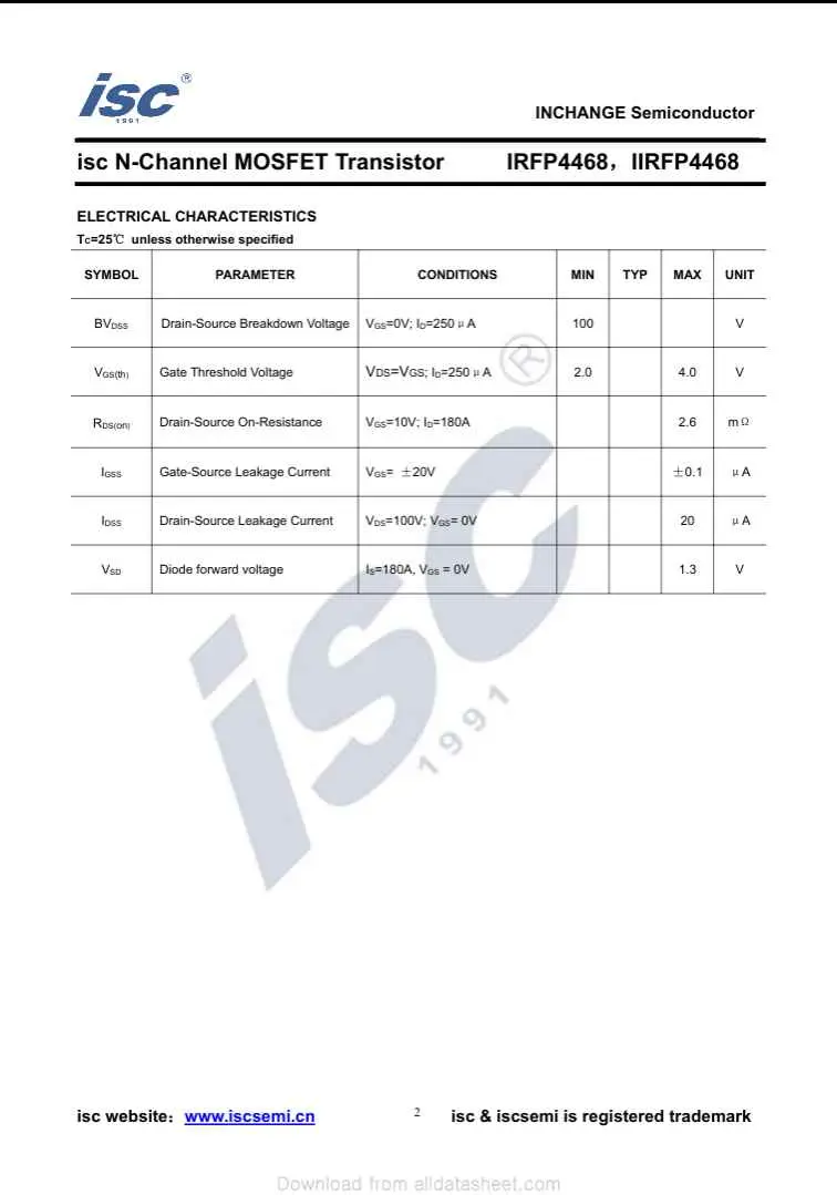Datasheet page showing electrical characteristics of IRFP4468 N-Channel MOSFET transistor