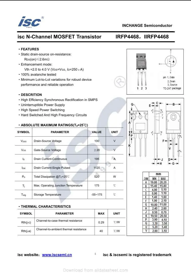 ISC N-Channel MOSFET Transistor IRFP4468 datasheet with electrical specifications and mechanical dimensions