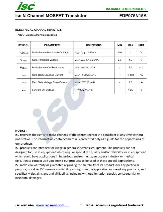ISC N-Channel MOSFET Transistor FDP075N15A datasheet page showing electrical characteristics and specifications for 75N15