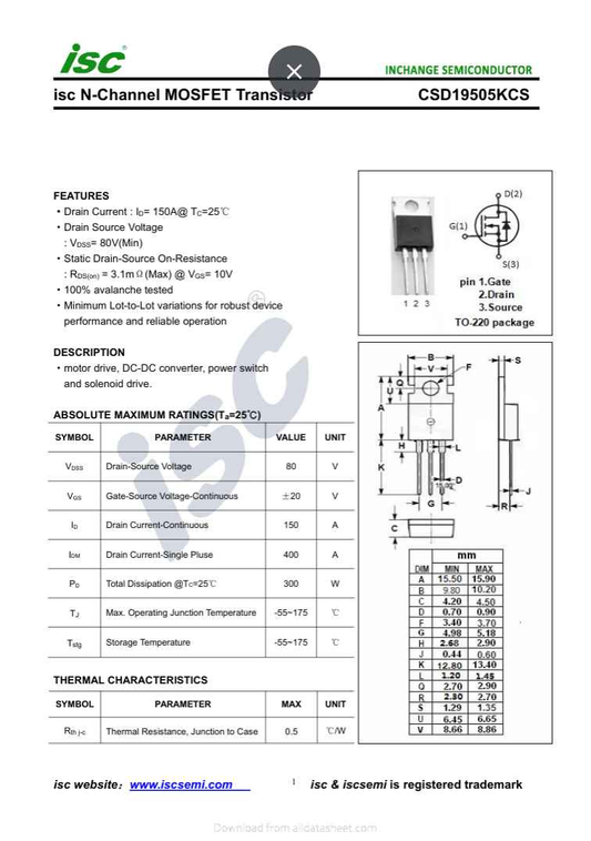 isc N-Channel MOSFET Transistor CSD19505KCS datasheet with specifications and pin diagram