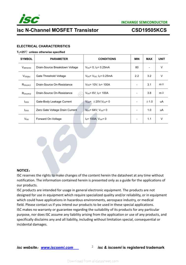 Datasheet page for isc N-Channel MOSFET Transistor model CSD19505KCS showing electrical characteristics and specifications