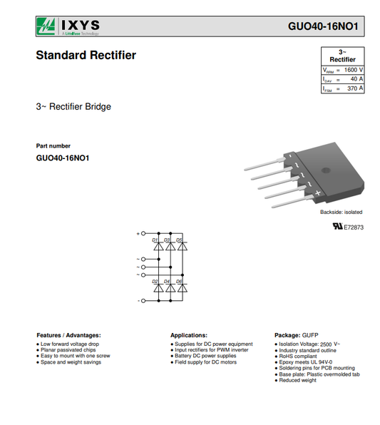IXYS GUO40-16NO1 standard rectifier bridge with low voltage drop and planar passivated chips