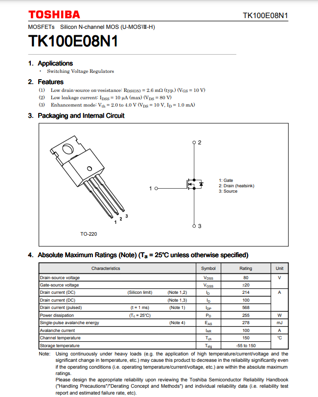 Toshiba TK100E08N1 N-channel MOSFET transistor datasheet showing features and electrical characteristics