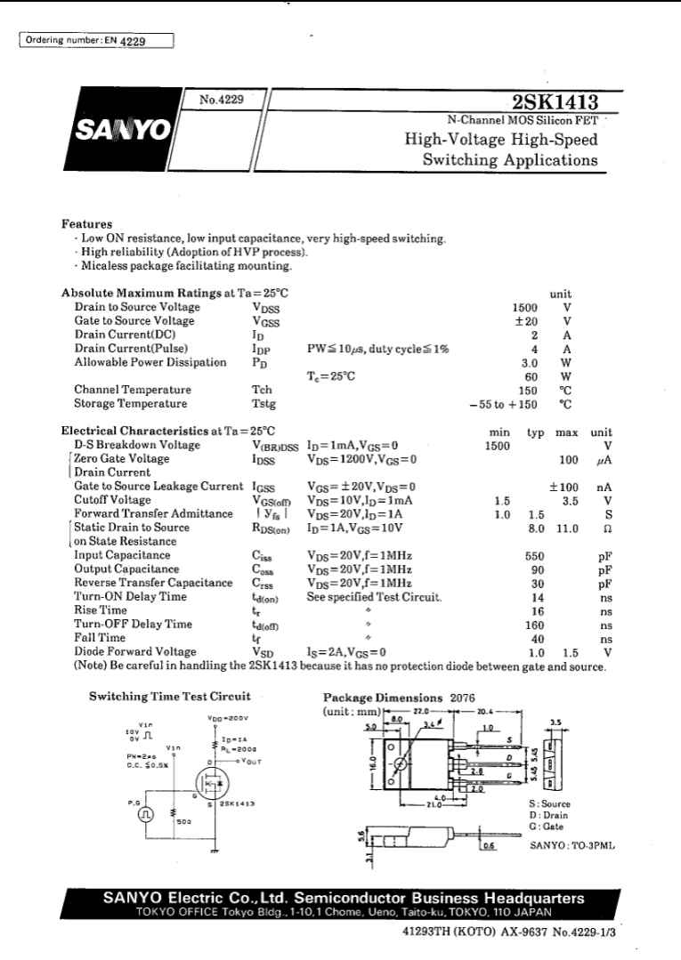 Sanyo K1413 high-voltage MOS silicon N-channel transistor datasheet with electrical characteristics and package dimensions