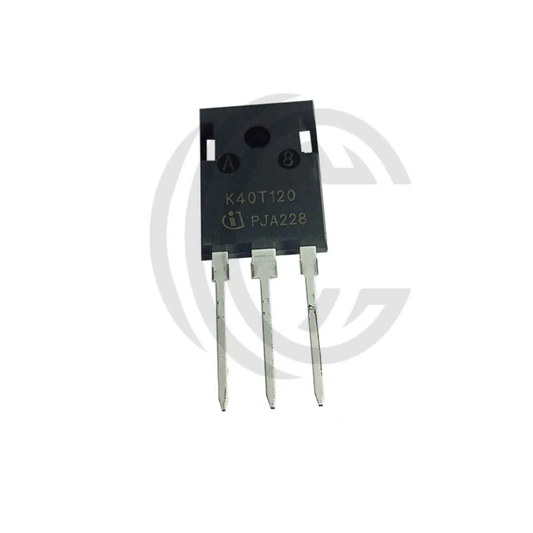 K40T120 transistor with three metal legs and black rectangular body from The Component Centre