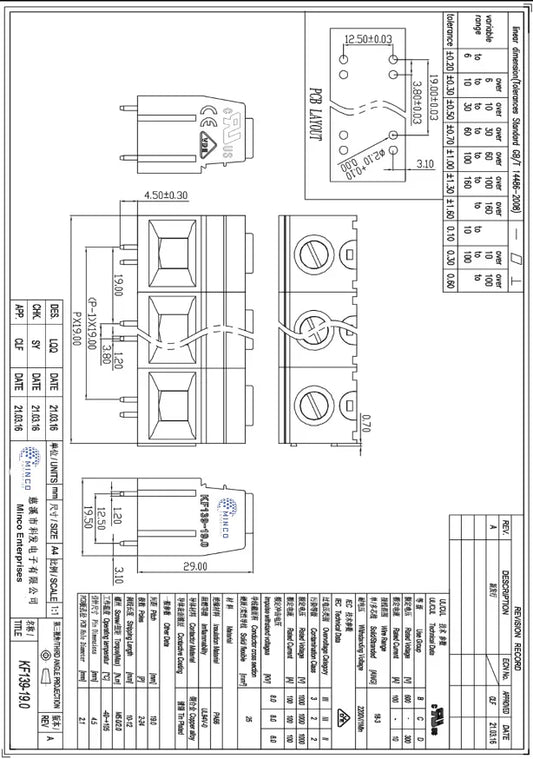 Minco KF139‑19.0 600 V 100 A PCB Terminal Block - The Component Centre