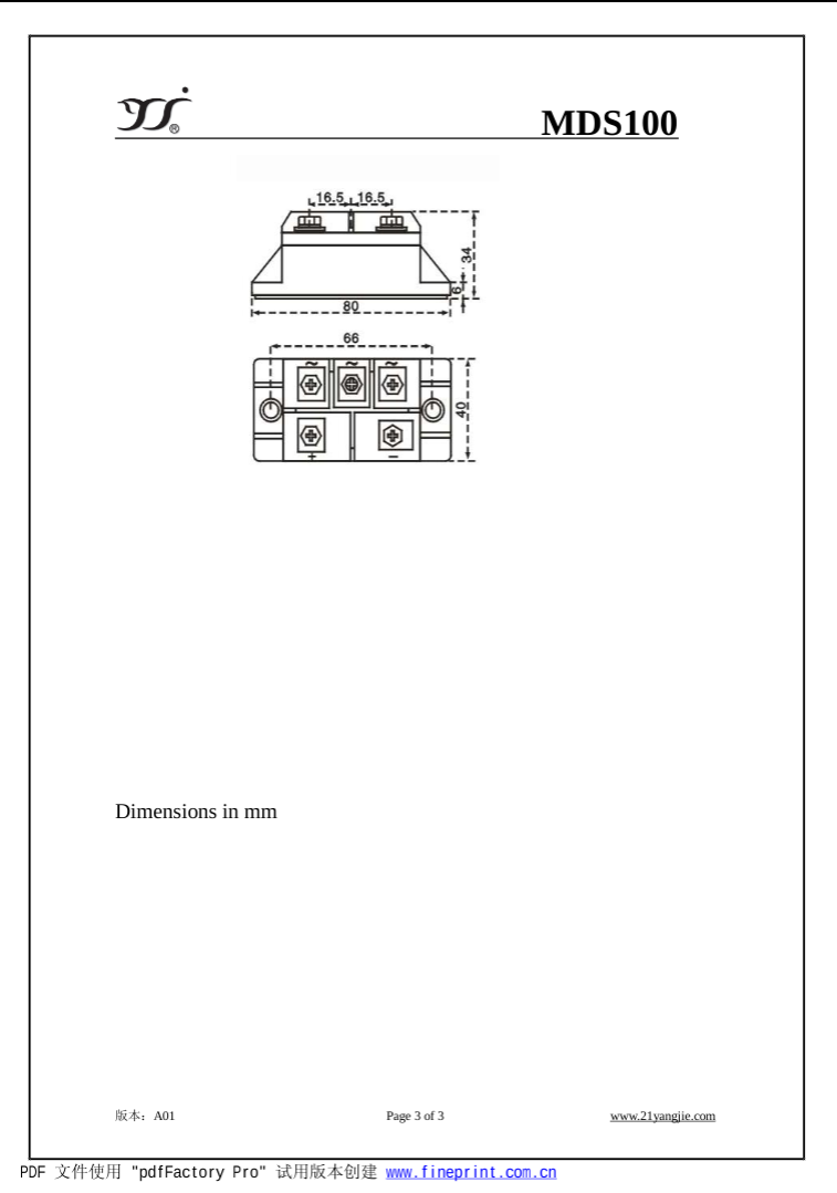 Technical drawing and dimensions of MDS100 16 electronic component showing measurements in millimeters