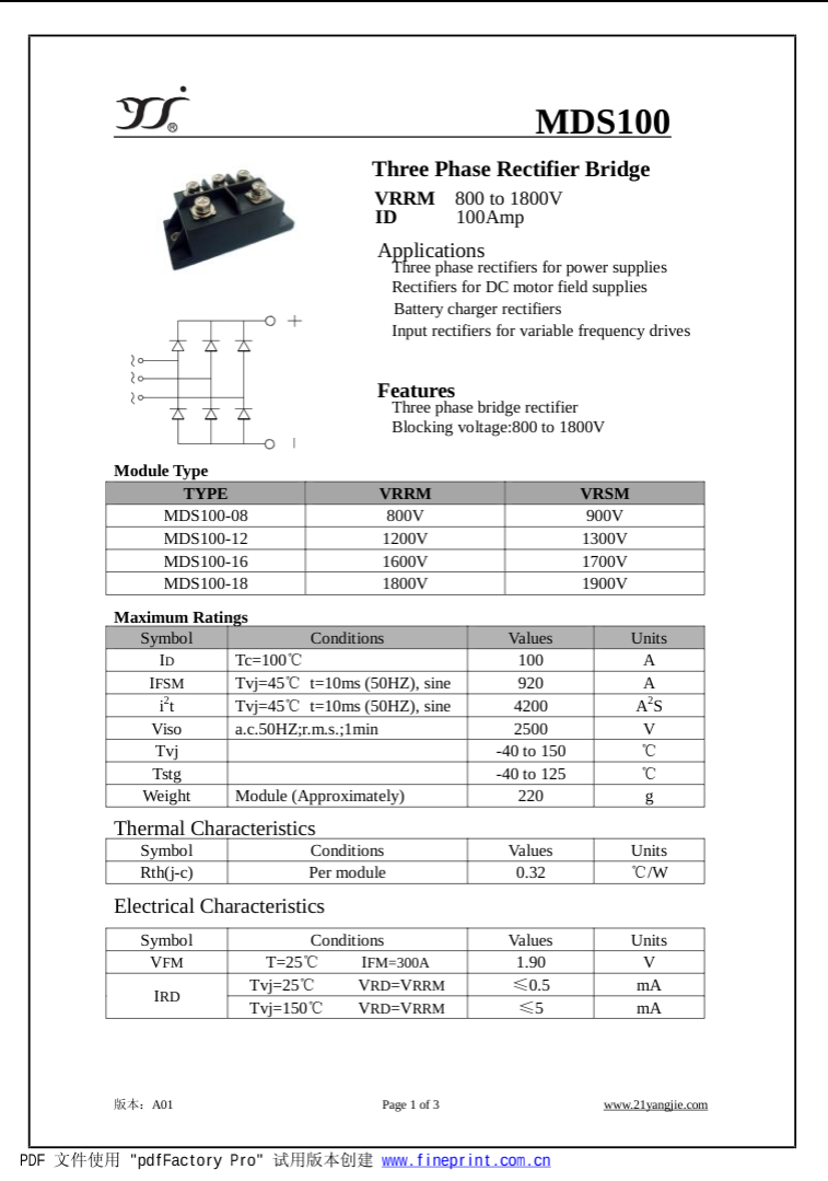 MDS100 16 three phase rectifier bridge with voltage and current specifications from The Component Centre