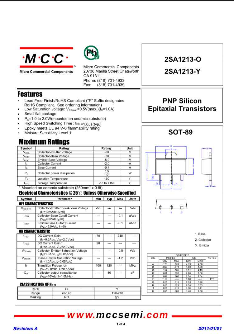 Technical datasheet for 2SA1213 PNP silicon epitaxial transistor from The Component Centre