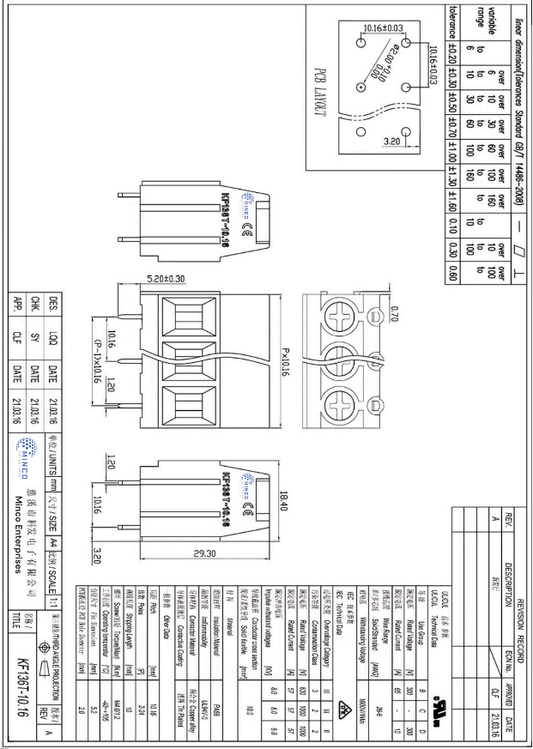 Technical drawing and dimensions of KF136 electronic component from The Component Centre