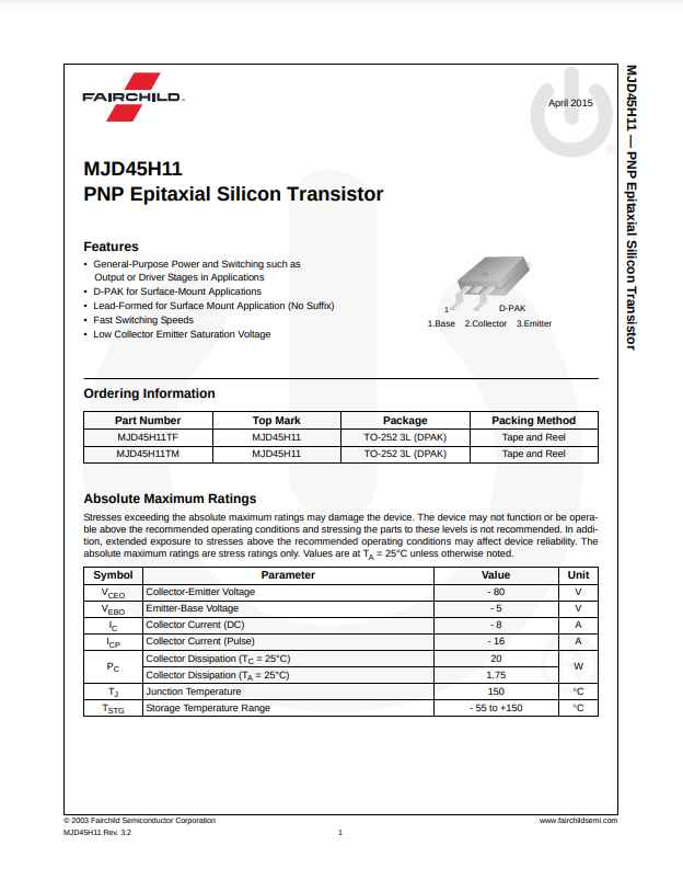 Fairchild MJD45H11 PNP Epitaxial Silicon Transistor datasheet with features and specifications