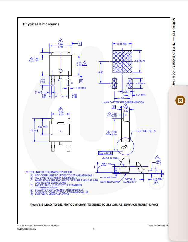 Technical drawing with dimensions and land pattern recommendation for MJD45H11 transistor