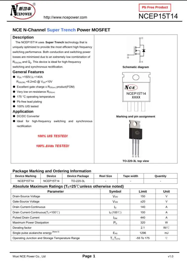 NCEP15T14 N-Channel Super Trench Power MOSFET electronic component with schematic and specifications