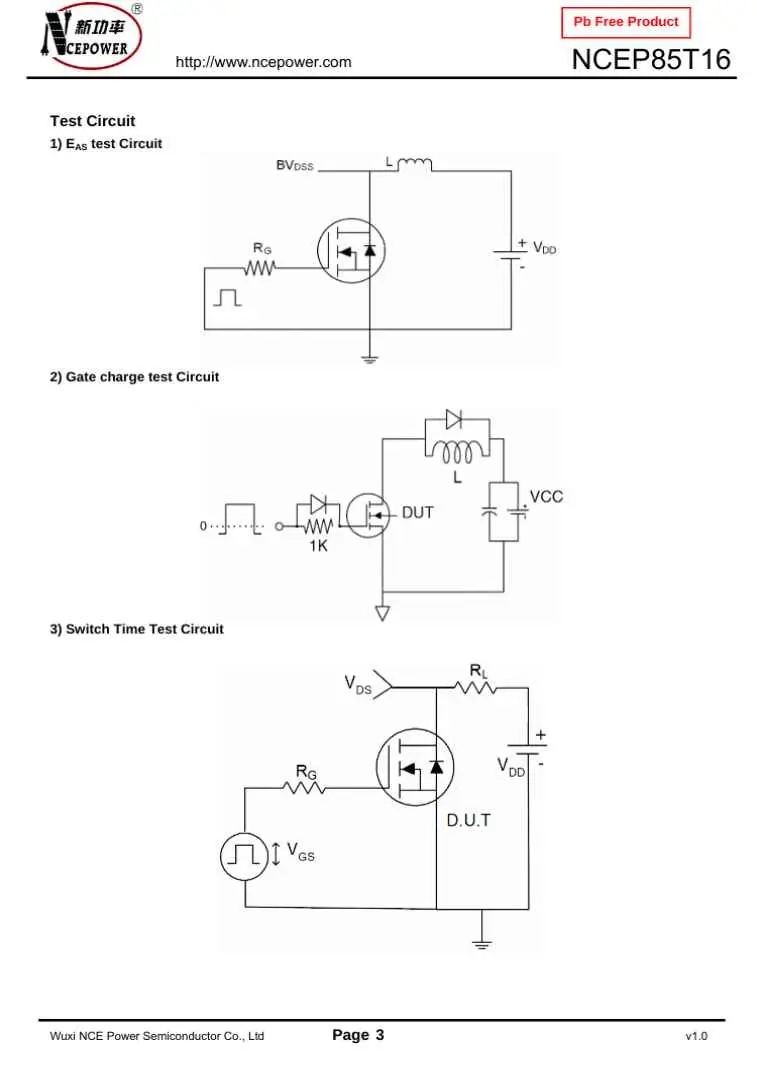 NCEP85T16 semiconductor test circuit diagrams showing gate charge and switch time test schematics