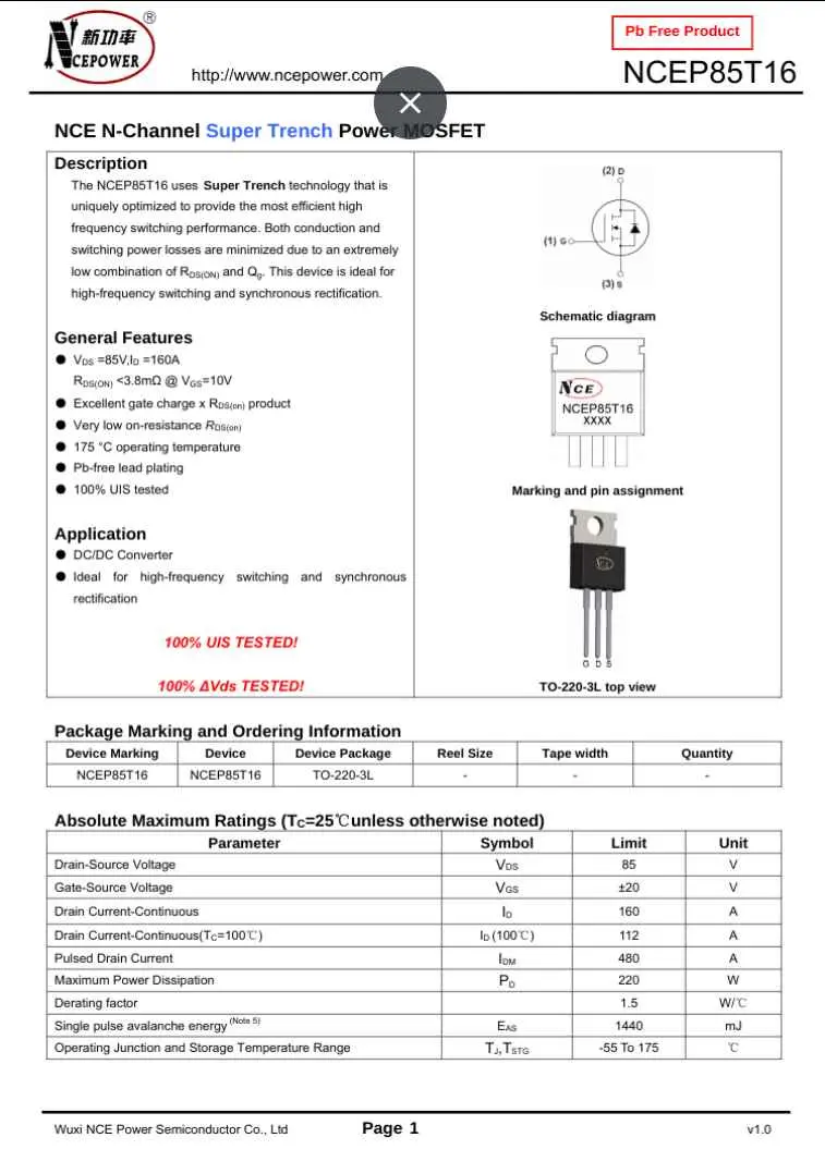 NCEP85T16 N-Channel Super Trench Power MOSFET with high efficiency and low resistance from The Component Centre