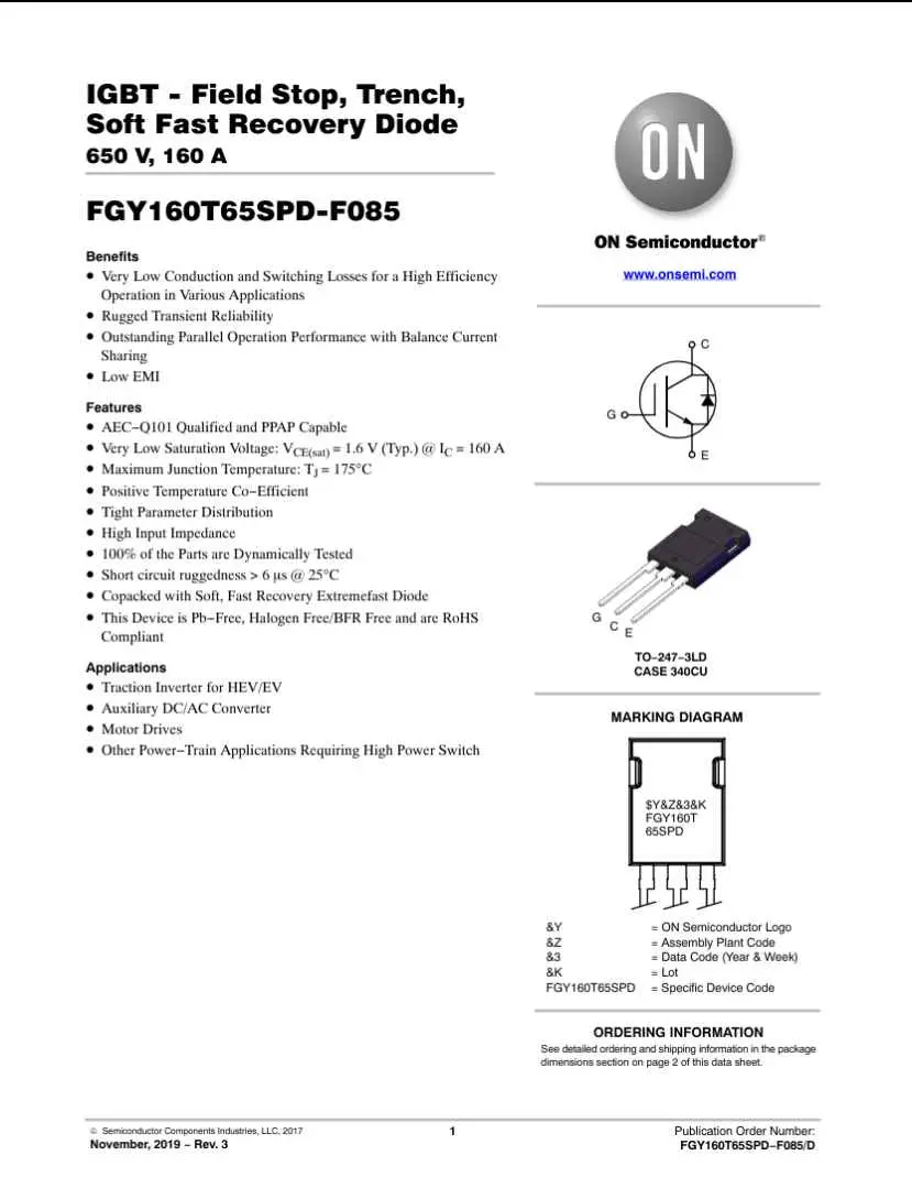 FGY160T65SPD IGBT Field Stop Trench Soft Fast Recovery Diode 650V 160A by ON Semiconductor datasheet