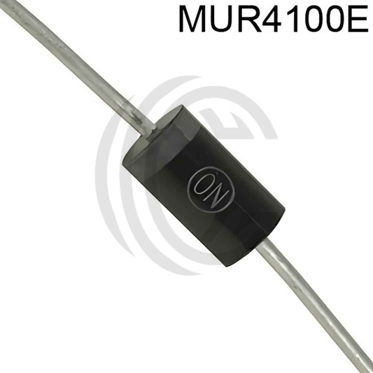 Close-up of black cylindrical electronic diode component with wire leads and ON logo by The Component Centre featuring MUR490E keyword