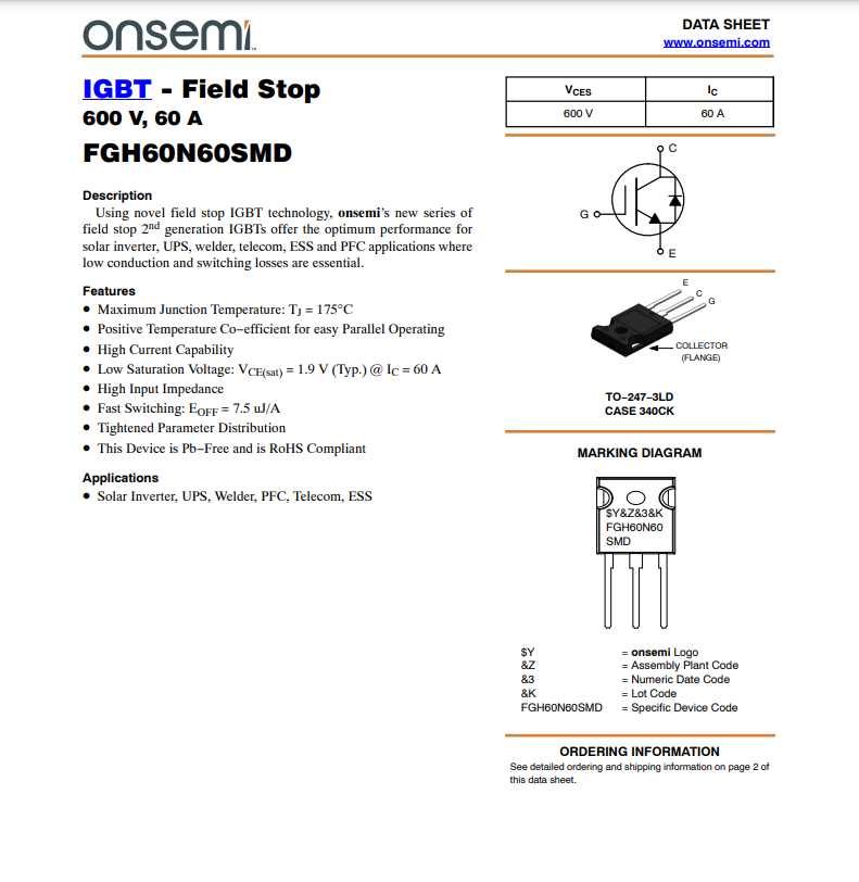 Onsemi 60N60 field stop IGBT transistor FGH60N60SMD 600V 60A with TO-247-3LD package for power electronics