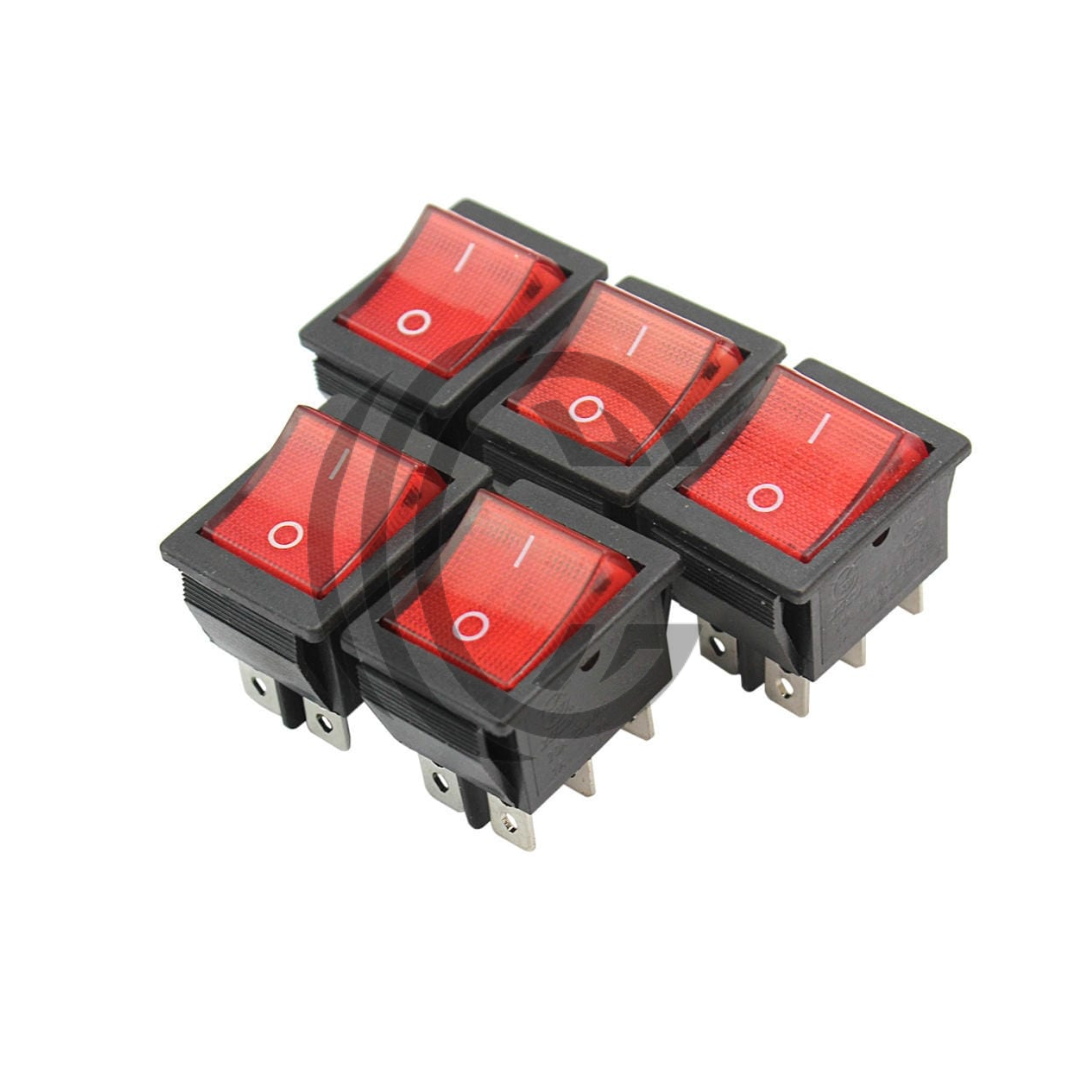 Set of five red illuminated 6 pin rocker switches with black casing from The Component Centre