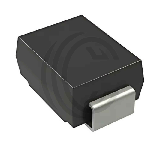 RS1J electronic component diode with black rectangular body and silver metal leads by The Component Centre