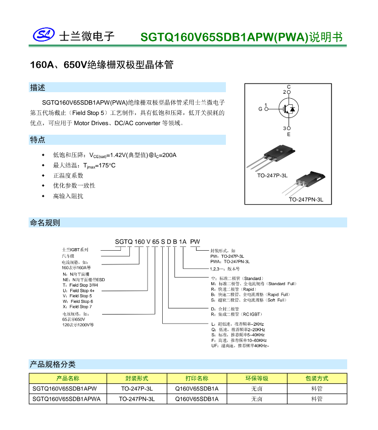 Technical datasheet for 160v65 SGTQ160V65SDB1APW PWA 160A 650V insulated dual transistor from The Component Centre