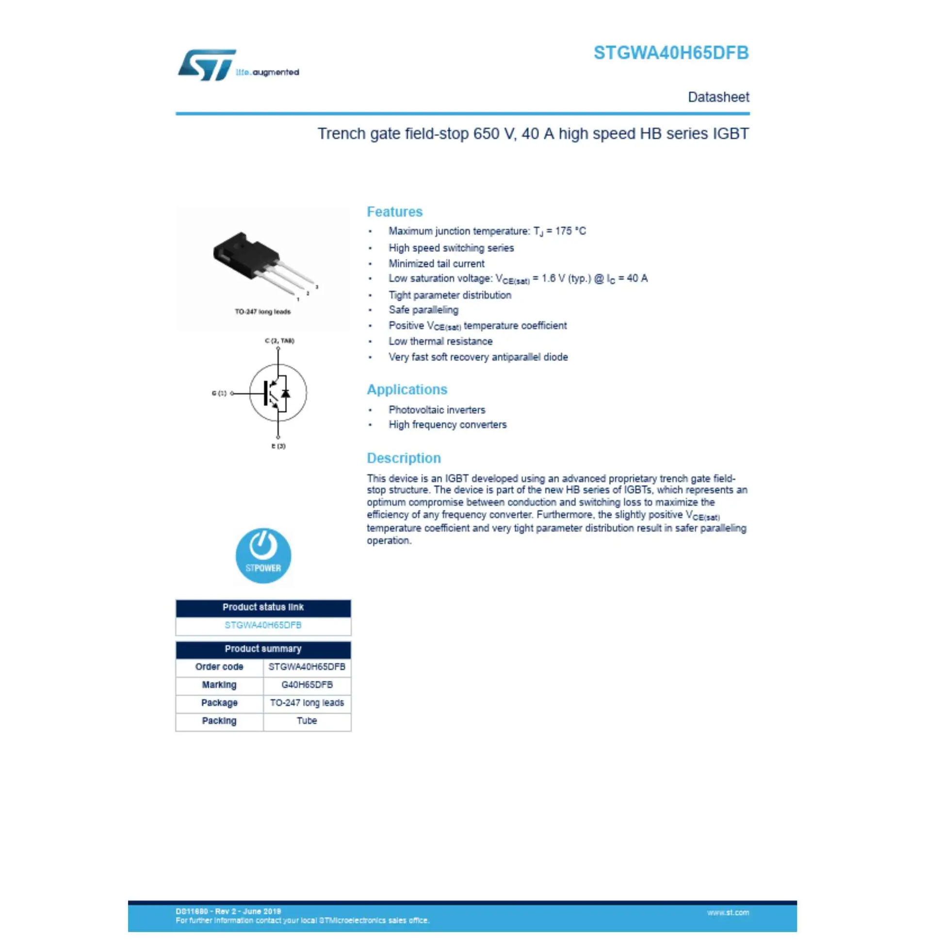 G40H65DFB trench gate field-stop 650V 40A high speed HB series IGBT datasheet