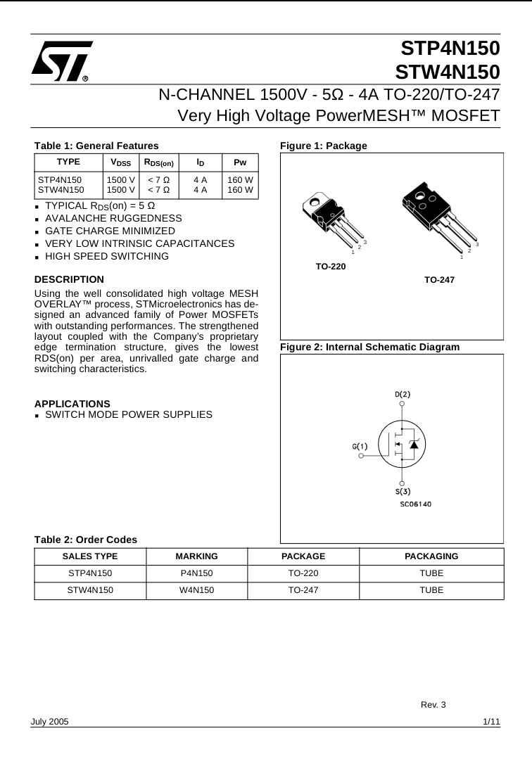 STW4N150 N-channel 1500V power MOSFET with TO-247 package
