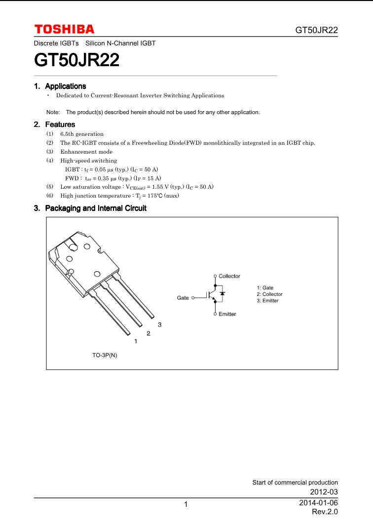 Toshiba GT50JR22 silicon N-channel IGBT discrete transistor datasheet with features and pin configuration