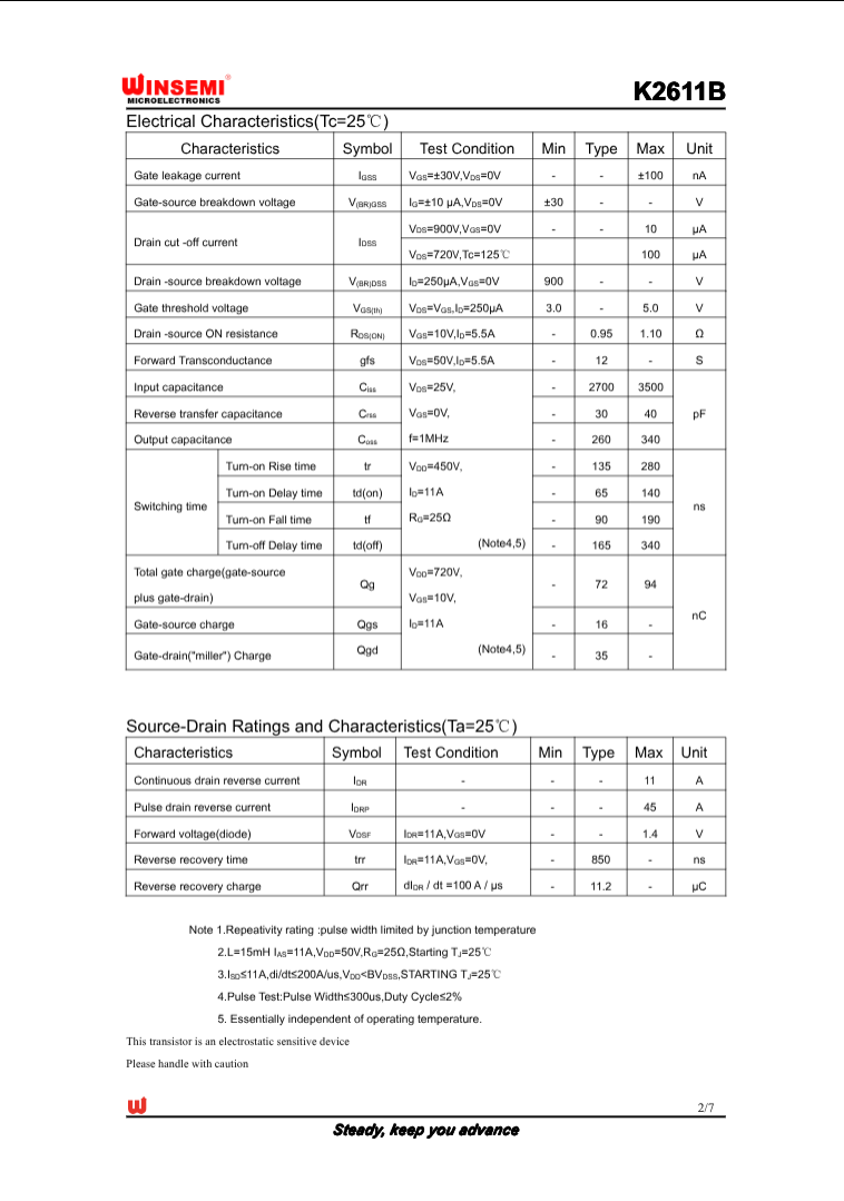 Winsemi K2611B electrical characteristics and source-drain ratings datasheet page with detailed test conditions and values