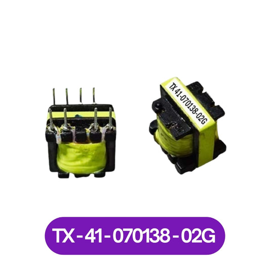 Two small yellow wrapped PCB transformers with solder pins shown from two angles 41-070138-02G by The Component Centre