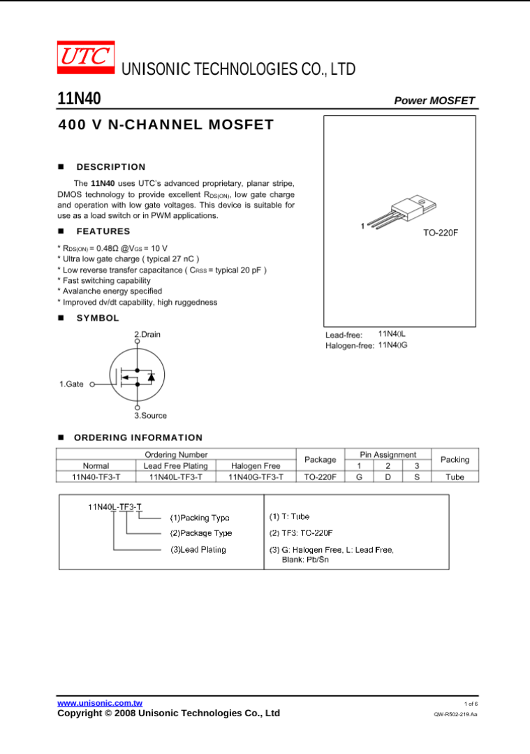 11N40 400 V N-channel MOSFET transistor by Unisonic Technologies with detailed specs and TO-220F package diagram