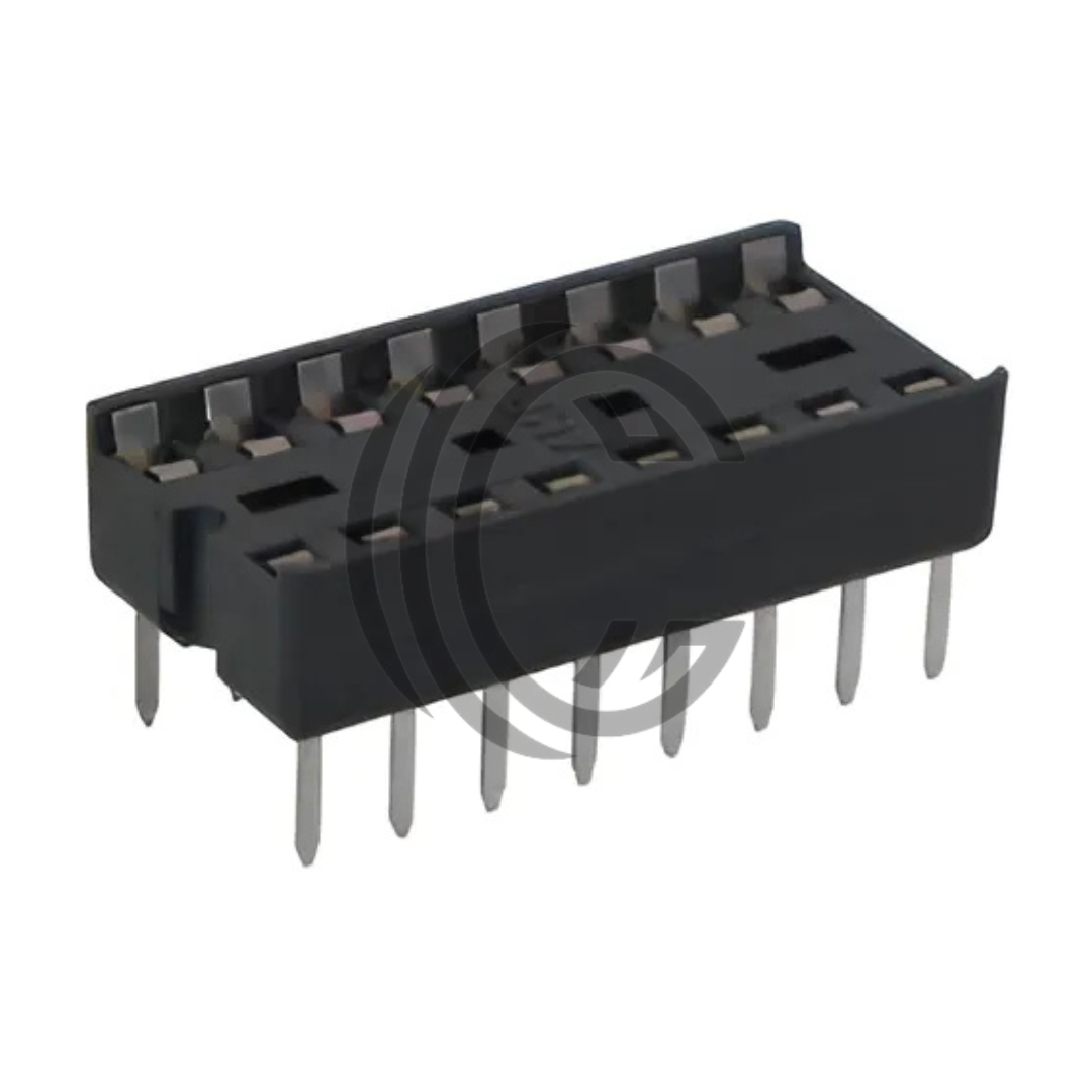 16-Pin DIP IC Socket Base Adaptor for PCB, 16-pin IC insertion and removal, protective IC socket, JEDEC compliant, ideal for electronics prototyping and repair in Pakistan.