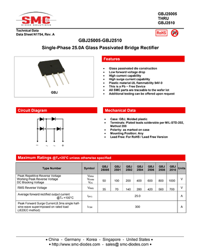 GBJ2510 1000V 25A Diode Bridge Rectifier Single Phase in Pakistan